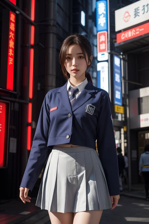 A serene scene of a female Autobot in a Japanese schoolgirl uniform, her cybernetic components visible beneath the fabric, set against the vibrant, high-tech backdrop of a cyberpunk day,poakl