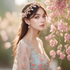 , 1girl, Floral motifs, luminous skin, enchanting gaze, embellished attire, natural lighting, shallow depth of field, romantic setting, dreamy pastel palette, whimsical details, captured on film