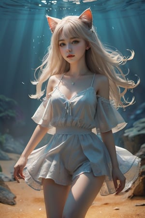 underwaterSolo, anime girl, full body, young adult body, medium chest, Hyperdetailed school background, School, 
Detailed medium white hair braid, hair braid, Cat ears, beautiful, Detailed eyes, blue eyes, Side view, torso shot from waist, Thick lineart, Anxious, Hyperdetailed natural light, detailed reflection light, 
volumetric lighting maximalist photo illustration 64k, resolution high res intricately detailed complex, 
key visual, precise lineart, vibrant, panoramic, cinematic, masterfully crafted, 64k resolution, beautiful, stunning, ultra detailed, expressive, hypermaximalist, colorful, rich deep color, vintage show promotional poster, glamour, anime art, fantasy art, brush strokes,, 16k, UHD, HDR,(Masterpiece:1.5), Absurdres, (best quality:1.5), Anime style photo, Manga style, Digital art, glow effects, Hand drawn, render,octane render, cinema 4d, blender, dark, atmospheric 4k ultra detailed, cinematic sensual, Sharp focus, hyperrealistic, big depth of field, Masterpiece, colors, 3d octane render, concept art, trending on artstation, hyperrealistic, Vivid colors,, modelshoot style, (extremely detailed CG unity 8k wallpaper), professional majestic oil painting by Ed Blinkey, Atey Ghailan, Studio Ghibli, by Jeremy Mann, Greg Manchess, Antonio Moro, trending on ArtStation, trending on CGSociety, Intricate, High Detail, Sharp focus, dramatic, photorealistic painting art