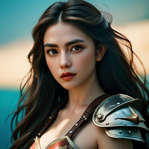 underwater, young girl with sweet & beautiful face, little pimple, long wavy hair, archer, equiped with arrow, facing forward, half body, slanted eyes, natural skin, wearing detiled sexy leather armor, ultra detailed lip texture, ultra detiled natural eyebrows, detailed ear,   High quality, masterpiece, masterpiece,  exquisite hair, exquisite eyes, natural eyebrows, exquisite lips, exquisite ultra detailed hair, 4K quality, 50mm, f1.8,  portra 400,  golden hour, grainy, hyper realistic photo, extremely detailed, real life, natural skin face, ultra detail skin pores face, realistic natural background, hill war situation background,FilmGirl