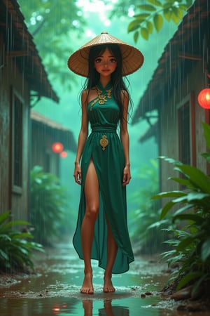 Raya (Disney), full body, standing with feet on the ground, anime realistic mixed style, in a futuristic cyberpunk village with mint green neon lights in the middle of the Cambodian rainforest, lots of rain, sensuality, beautiful young Cambodian woman, tan skin, long black hair, eyes brown, beautiful and perfect smile, wearing a straw Asian conical hat, wearing a  wetting Ao Dai with typical Cambodian symbols that are golden, perfect dynamic full body illustration, reflective floor.
