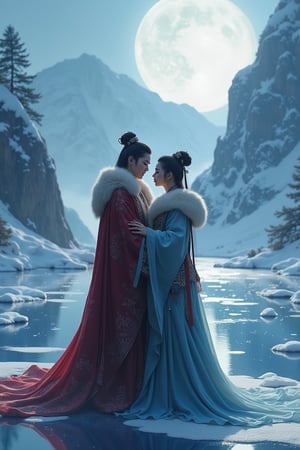 Feudal China, ancient China, lovers embracing, furs, ice lake, snow, winter wonderland, mountains, moonlight, reflections, concept art, trending on artstation, polished, epic image, 8k
