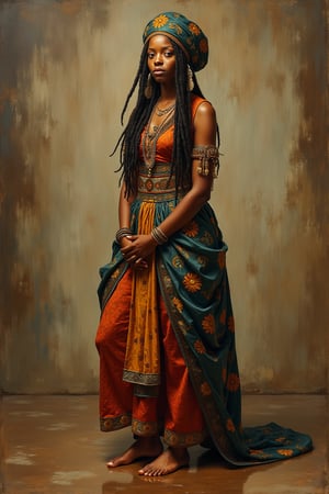 Full body, standing, of a beutiful young African woman, light skin, beautiful traditional garment, dreadlocks, bandana, detailed, epic, fantasy, intricate, charming, Pascal Blanche Rutkowski Repin. Reflective floor.  Oil painting.
