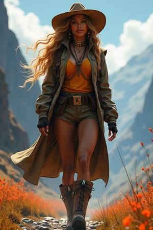 Beautiful and attractive Beyoncé, full figure, dressed as an explorer, hiking boots and a fedora, detailed matte painting, deep color, fantastical, intricate detail, splash screen, complementary colors, fantasy concept art, 8k resolution trending on Artstation Unreal Engine 5,
