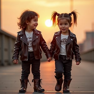 Image of a young toddler boy and girl, no more than 5 years old, dressed in matching leather outfits, including miniature leather jackets, pants, and boots, with a playful and adventurous expression on their faces, set against a backdrop of a sunset or a cityscape to give a sense of freedom and excitement, with vibrant colors and textures to bring out the edgy yet innocent charm of the scene.