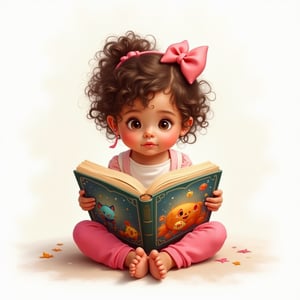 Adorable toddler girl wearing bright pink long pants and a matching bow in her curly brown hair, sitting comfortably with her legs crossed, fully immersed in reading an enormous open book, her eyes wide with wonder, the illustrations within the book bursting with colorful fantasy creatures. Soft, white background highlights the warm, inviting atmosphere of the scene. Inspired by the whimsical styles of artists like Ash Thorp, Simon Stalenhag, and Loish, with a vivid, dreamy quality reminiscent of classic children's book illustrations, intricate textures, and subtle gradients, in a captivating detailed matte painting style with lush, deep colors and exceptional 8k resolution.
