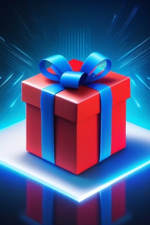 red present box with blue ribbon opening with a cyberpunk background, 