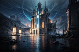 one castle, two conic towers (magic night), lake in the bottom, high contrast, high_resolution, great details, masterpiece, best quality, surreal, cinematic effect 8k, hyperdetailed painting, luminism, concept art,fractal isometrics details bioluminescence , 3d render, octane render,intricately detailed,cinematic, trending on artstation Isometric Centered hyperrealistic cover photo awesome full color, gritty, realistic mucha, hit definition,cinematic, ethereal background