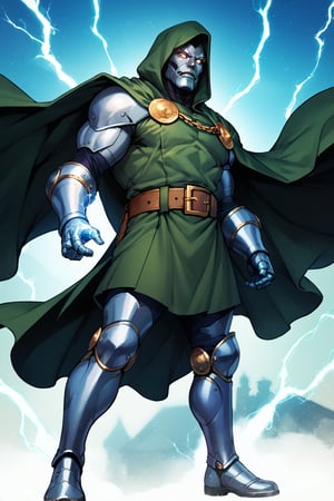 score_9, score_8_up, score_7_up, score_6_up, score_9, score_8_up, score_7_up, score_6_up, solo, 1boy, male focus, belt, hood, cape, armor, gauntlets, cloak,Hood, green Cape, Belt, Armor, Cloak, Mask,Gauntlets, Muscular, Boots,Glowing Eyes, Chain, Glowing, Electricity