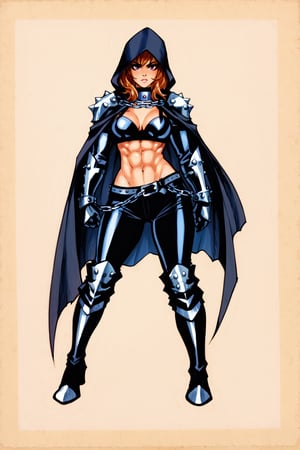 score_9, score_8_up, score_7_up, score_6_up, score_9, score_8_up, score_7_up, score_6_up, solo, 1girl, female focus, belt, black hood, cape, armor, gauntlets, cloak, traditional media, graphite,sk3tch,sketch, sketch style, fine line drawing,Hood, black Cape, Belt, Armor, Cloak,Gauntlets, abs, Boots,red Eyes, Chains, Glowing,Jagodibuja