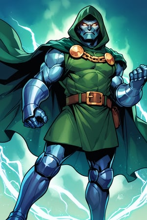 score_9, score_8_up, score_7_up, score_6_up, score_9, score_8_up, score_7_up, score_6_up, solo, 1boy, male focus, belt, hood, cape, armor, gauntlets, cloak,Hood, green Cape, Belt, Armor, Cloak, Mask,Gauntlets, Muscular, Boots,Glowing Eyes, Chain, Glowing, Electricity