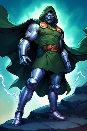 score_9, score_8_up, score_7_up, score_6_up, score_9, score_8_up, score_7_up, score_6_up, solo, 1boy, male focus, belt, hood, cape, armor, gauntlets, cloak,Hood, green Cape, Belt, Armor, Cloak, Mask,Gauntlets, Muscular, Boots,Glowing Eyes, Chain, Glowing, Electricity