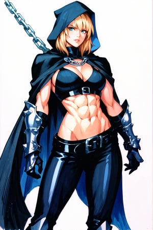 score_9, score_8_up, score_7_up, score_6_up, score_9, score_8_up, score_7_up, score_6_up, solo, 1girl, female focus, belt, black hood, cape, armor, gauntlets, cloak, traditional media, graphite,sk3tch,sketch, sketch style, fine line drawing,Hood, black Cape, Belt, Armor, Cloak,Gauntlets, abs, Boots,blue Eyes, Chains, Glowing, 