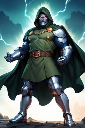 score_9, score_8_up, score_7_up, score_6_up, score_9, score_8_up, score_7_up, score_6_up, solo, 1boy, male focus, belt, hood, cape, armor, gauntlets, cloak,Hood, green Cape, Belt, Armor, Cloak, Mask,Gauntlets, Muscular, Boots,Glowing Eyes, Chain, Glowing, Electricity