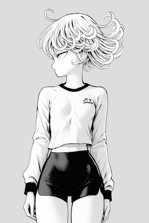 anime artwork, score_9, score_8_up, score_7_up, score_6_up, score_5_up,tatsumaki, short hair, curly hair, monochrome,white sports jersey 24,
tightblack sports shorts