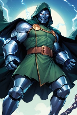 score_9, score_8_up, score_7_up, score_6_up, score_9, score_8_up, score_7_up, score_6_up, solo, 1boy, male focus, belt, hood, cape, armor, gauntlets, cloak,Hood, green Cape, Belt, Armor, Cloak, Mask,Gauntlets, Muscular, Boots,Glowing Eyes, Chain, Glowing, Electricity