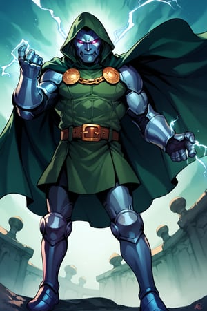 score_9, score_8_up, score_7_up, score_6_up, score_9, score_8_up, score_7_up, score_6_up, solo, 1boy, male focus, belt, hood, cape, armor, gauntlets, cloak,Hood, green Cape, Belt, Armor, Cloak, Mask,Gauntlets, Muscular, Boots,Glowing Eyes, Chain, Glowing, Electricity