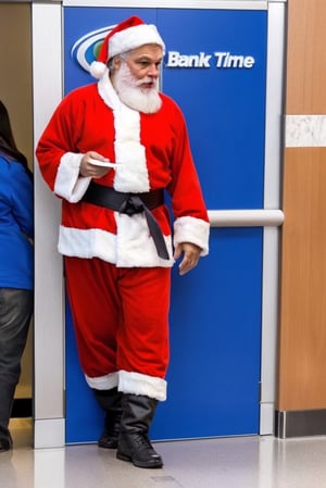 1 Santa, standing in line, inside the bank, normal people are in line with him. He is waiting his turn. DMV, bank, line of people, stress, pressed for time, he stops a bank robbery with a karate chop
