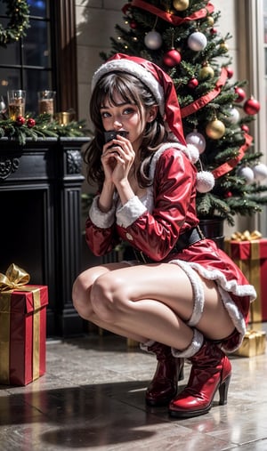 (8K Quality), (Best quality at best), (ultra-HD), (Complete Character Anatomy), (perfect light), ( full body photo 8k), (perfect details), (Perfect character details), (Details of the Perfect Setup), (masterpiece), (Perfect character facial symmetry), (Detailed body composition of female characters), ((Santa Claus on his hands and knees taking pictures of girls decorating a Christmas tree)), Putting gifts on the Christmas tree, Dressed in beautiful, sexy Christmas outfits, (red outfit), Little Red Riding Hood and Christmas Costume (sexy), (fluttering sign), reindeer flying in the sky, classic Christmas scene, New York Street,