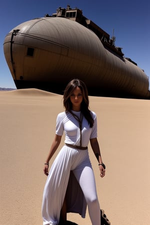 Masterpiece, 4K, Cheryl, sexy, white cotton, rope, rusted chains, futuristic, dressed as a character from the movie dune::
in the background a desert, desert sky and a rusted ship, spaceship,<lora:659111690174031528:1.0>