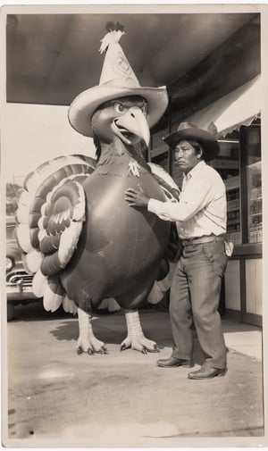 American Indian getting in a fight with a large inflatable turkey (wearing a cowboy hat:1.3), 1959 era gas station. Rugs for sale. Route 66