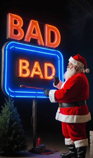 Photo, 4k, best quality, masterpiece, Santa repairman ,a large neon sign, text, "bad", text
 , text BAD text 