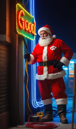 Photo, 4k, best quality, masterpiece, Santa repairman ,a large neon sign, sparks of electricity, repairman Santa, text "be good" text
 