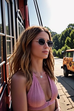 Cheryl, Gypsy Queen,sunglasses, standing in front of of ((( hippie bus, "further"))), 1890 time frame, bandana on the head, a greedy look, A picture of an angle looking up from below, best quality, masterpiece, realistic, majestic theme, sun behind, Marionette,leonardo,<lora:659111690174031528:1.0>