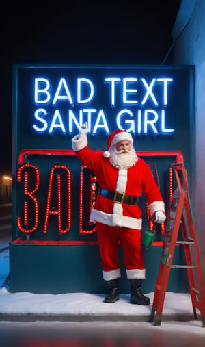 Photo, 4k, best quality, masterpiece, Santa repairman ,a large neon sign, text, "bad", text
 , text BAD text,:  and a (((Santa girl))) helping 