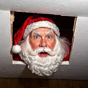 face of santa is watching you, from above, peering thru a square rough cut opening in the ceiling, view from 3 meters away
