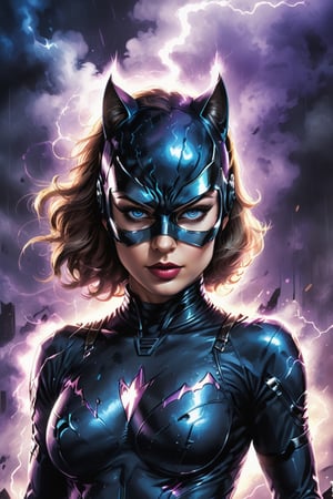 4K UHD illustration,  upscaled professional drawing HDR,  from DC comics in dynamic pose, full body image (:1.8) stunningly beautiful woman, intense blue eyes,  eyebrows tanned skin tone, detailed catwoman mask, gloss black form fitting full length bodysuit,  full lips, lips parted looking-into-camera, glowing lightning in background, swirling smoke eminating from fingertips, abandoned dojo background, detailed night time, thunderstorm atmosphere, glowing blue eyes emitting eeire spectral glow, purple lightning thunderstorm in background, 300dpi, masterpiece style, painting style, stroke style in a dark background,watercolor, charcoal, pen & Ink, tshirt design style, aesthetic for Tshirt design, darktone,TSHIRT DESIGN