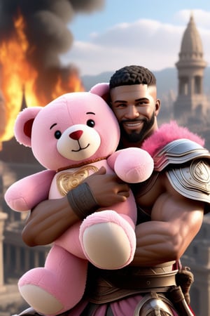 Kratos from the video game 'Game of War' smilingly hugging a pink teddy bear. In the background you can see a city of ancient grace, the flames plunged into chaos and destruction.