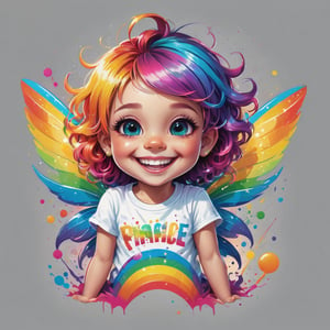 Excellence masterpice T-shirt design illustration of a little girl with a big smile, fairy wing, rainbow hair, sharper, clean lines, outline, vivid colors, tshirt design