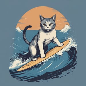 Excellence masterpice T-shirt design illustration of of an cat surffing, sharper, clean lines, outline, muted colors, tshirt design