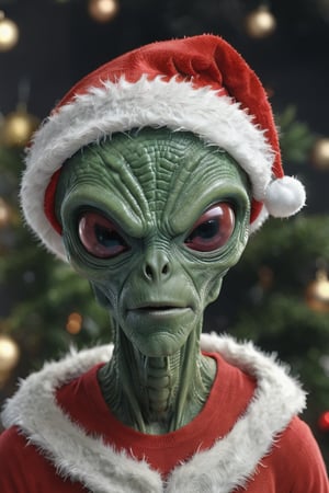 instant christmas, Generate hyper realistic xmas image of an exquisitely detailed and visually immersive extremly close up portrait of the alien creature, santa hat. highly detailed,  sharp focus.8k,  photography style,  close shot, instant christmas
