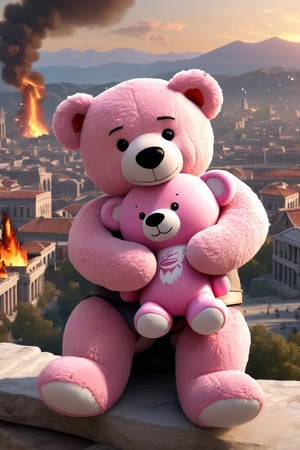 Kratos from the video game 'Game of War' smilingly hugging a pink teddy bear. In the background you can see a city of ancient grace, the flames plunged into chaos and destruction.
