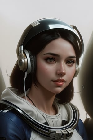 a pencil sketch of a woman wearing a helmet and headphones,  looking at camera,portrait face and shoulders, by Ross Tran, alita, detailed astronaut,  craig mullins alphonse mucha, martin ansin, pilot girl, 8k comic art, full colored