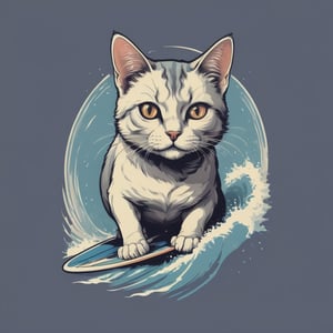 Excellence masterpice T-shirt design illustration of of an cat surffing, sharper, clean lines, outline, muted colors, minimum details, minimal detalled,tshirt design