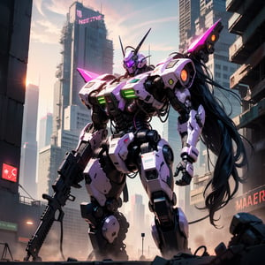 (In the heart of Tokyo's neon-lit streets), (full-mech, jet-pak equipped, machinegun-wielding armor), robot, rough, no humans, science fiction, horns, single horn, cable, neon, looking ahead, standing, glowing,  cape, radio antenna,
,masterpiece, best quality, (giving it an otherworldly, post-apocalyptic edge). (The sky above is a deep purple), (with streaks of pink and orange), (giving the scene an ethereal, surreal glow). (The cityscape stretches out in the background, bustling with neon lights and towering skyscrapers.) 