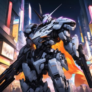 (In the heart of Tokyo's neon-lit streets), (full-mech, jet-pak equipped, machinegun-wielding armor), robot, rough, no humans, science fiction, horns, single horn, cable, neon, looking ahead, standing, glowing,  cape, radio antenna,
,masterpiece, best quality,