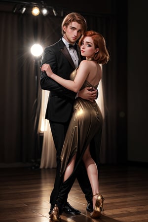 raw photo, rim lighting, perfect eyes, two tone light, professional photo,full body of a beautiful 20 year old caucasian girl with medium length wind blown blondish auburn hair, wearing a bronze shimmering tight low cut evening dress, dancing with a handsome 30 year old male, wearing a formal tuxedo, dance floor background, spectators out of focus in background, dynamic lighting