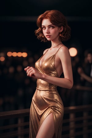 raw photo, rim lighting, perfecteyes, two tone light, professional photoportrait, close up of a beautiful 20 year old caucasian girl with medium length wind blown auburn hair, wearing a bronze shimmering tight low cut evening dress, nightclub backround, spectators dancing in background