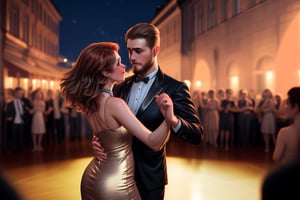 masterpiece, 8k render, photo realistic, high definition, , perfect eyes, two tone light, professional photo, retro, vintage, medium body shot, a beautiful 20 year old caucasian girl with medium length wind blown blondish auburn hair, wearing a bronze shimmering tight low cut evening dress, elegant necklace, sexy tango dancing with a handsome rugged 30 year old male with short beard, wearing a tuxedo, dance floor background, spectators out of focus in background, dynamic lighting, 3DMM, Germany Male