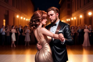 masterpiece, 8k render, photo realistic, high definition, , perfect eyes, two tone light, professional photo, retro, vintage, medium body shot, a beautiful 20 year old caucasian girl with medium length wind blown blondish auburn hair, wearing a bronze shimmering tight low cut evening dress, elegant necklace, sexy tango dancing with a handsome rugged 30 year old male with short beard, wearing a tuxedo, dance floor background, spectators out of focus in background, dynamic lighting, 3DMM, Germany Male