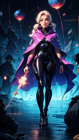 (masterpiece, top quality, best quality, official art, beautiful and aesthetic:1.2), extreme detail, (abstract, fractal art:1.3), colorful hair, twin tails, detailed_eyes, light_particles, beautiful woman in a pink latex blue space suit, fullbody, see through cloak, holding a wand, particle magic, standing, depth_of_field, (blue eyes),  extremely beautiful, 