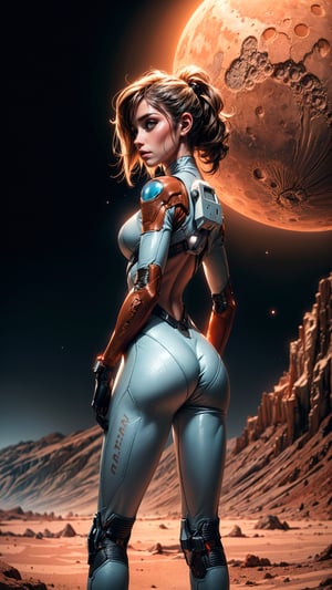 A futuristic rear angle (sci-fi) photo of a (fit woman futuristic astronaut standing on rock overlooking Martian valley on Mars), back towards viewer, not looking at viewer, (wearing skintight white and red sci-fi spacesuit, full body), fit body, (big ass), [wide hips], rusty red Martian terrain, mars dust scattered floating in air, (mountain:0.8), (lens flare:0.7), (cross-processing), (highly detailed), (cinematic lighting:1.1), sharp shadows, intricately detailed, photographed on a Hasselblad 500, 80mm F2.8 lens, with Cinestill 800T film, cinematic contrast, outdoors, ((on Mars)), space exploration, journey, nasa-punk, from behind, sfw epicphoto,SAM YANG
