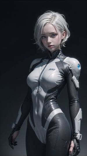 Masterpiece, best quality, ultra high resolution, ultra detailed, vivid, impeccable, animation illustration, 1girl, full body shot, attractive mature woman, beautiful girl, upper body, short white hair, light blue eyes, medium breasts, perfect body, sci_fi background, wearing black hi tech suit, sexy suit