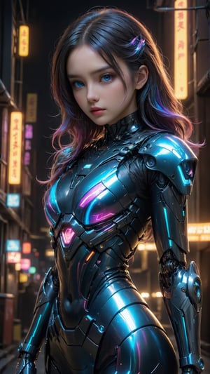 high quality, 8K Ultra HD, full body shot, have a cyber saber, a mesmerizing 20-year-old woman with an amazing beauty that seems to transcend time and space, intricately woven into her very being, beautiful face, big blue eyes, perfect skin, encased in the cybernetic suit, move with fluidity and precision, Her flowing hair resembles streams of neon lights, casting a vibrant glow that adds a touch of cyberpunk brilliance to her appearance, Each strand of hair is meticulously crafted with holographic patterns that shimmer and shift, creating an ever-changing display of colors, by yukisakura, highly detailed, ,photo r3al,FilmGirl