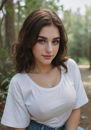 photo taken with iphone 14 pro, day lighting, medium brunette hair, perfect eyes, detailed face, detailed nose, 18 y.o. girl, big breasts, smirk, white t-shirt and denim pants, in the nature background, realism, realistic, raw,photorealistic, yofukashi background, instagram photo, Masterpiece