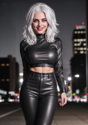 full body photo, girl, white hair, perfect eyes, medium breast, fashion icon,black clothes, smile, light makeup, realistic smooth skin, night in the streets of New York background, bokeh, Stacy